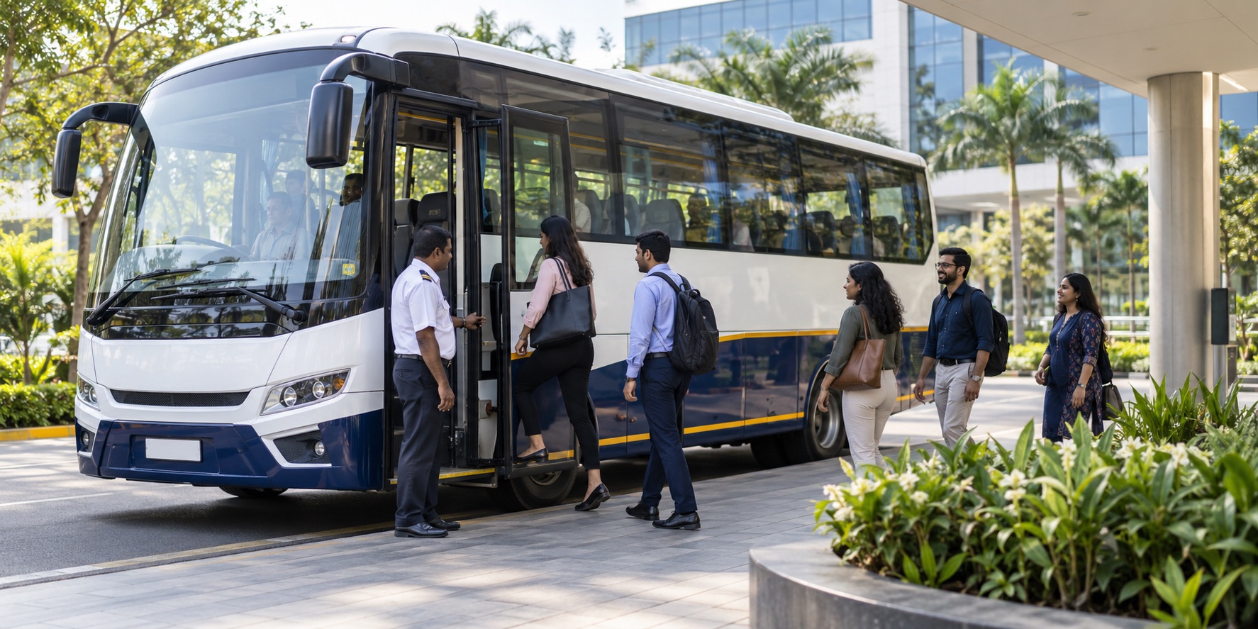 Illustrative employees boarding a corporate shuttle at an office campus