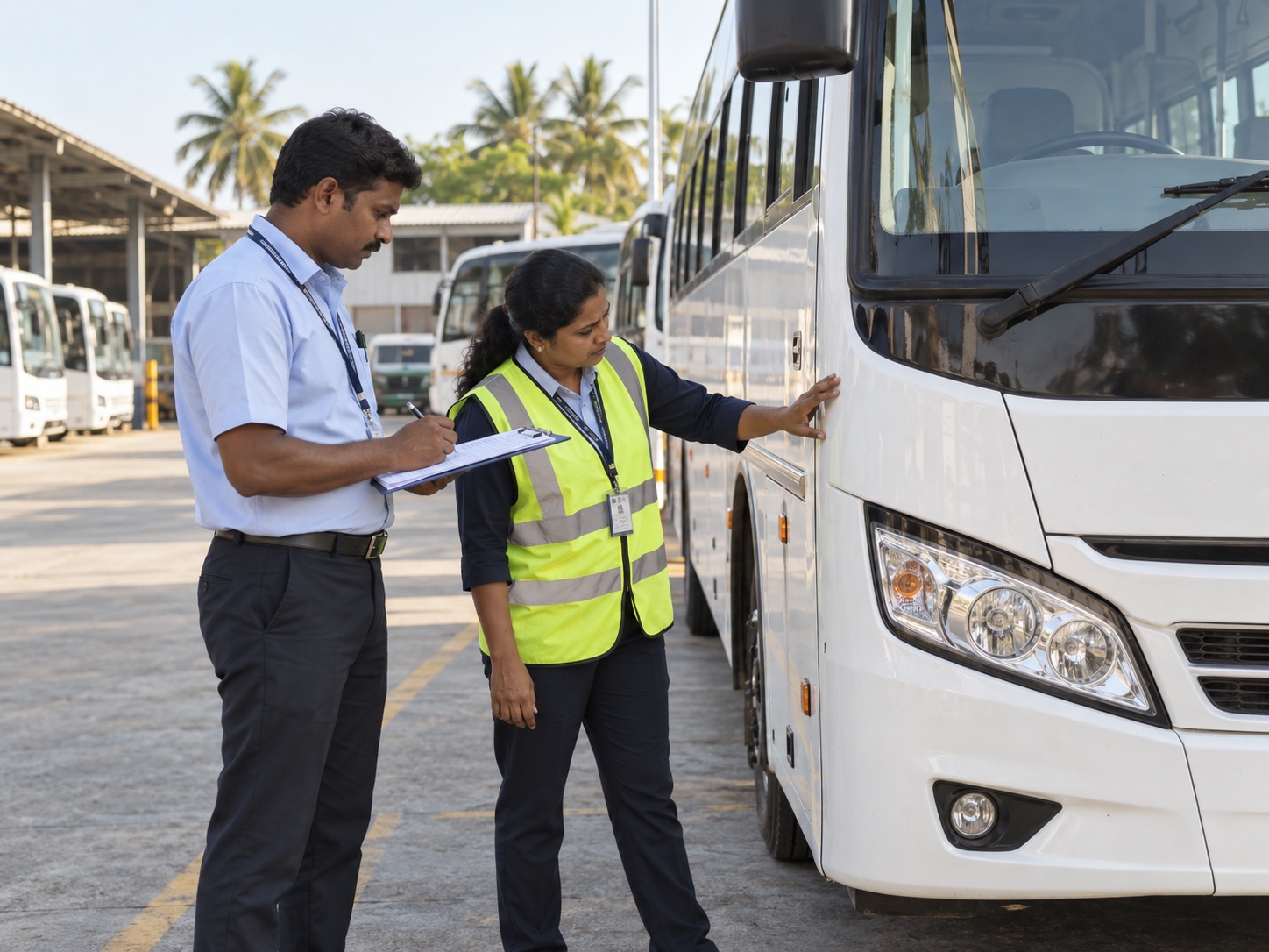 Illustrative transport team checking a shuttle before service