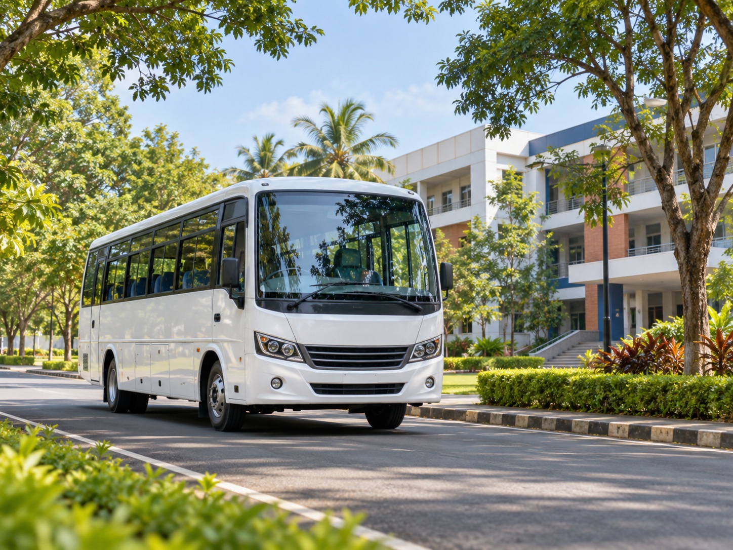 Illustrative institutional shuttle travelling along a tree-lined campus road