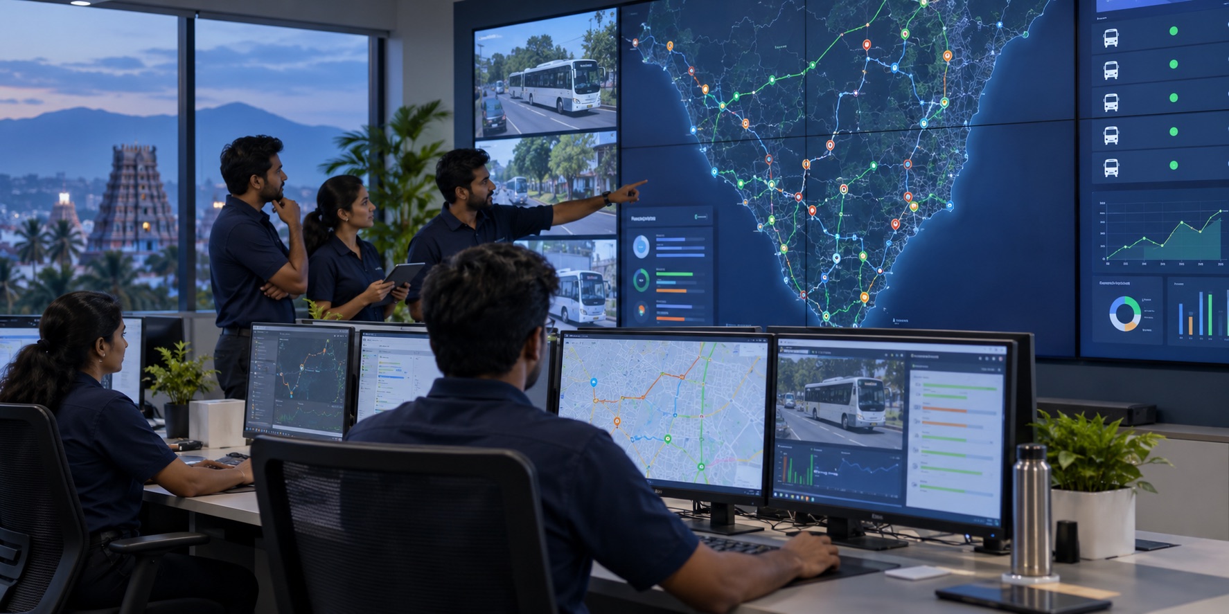 Illustrative transport operations team monitoring routes and fleet activity
