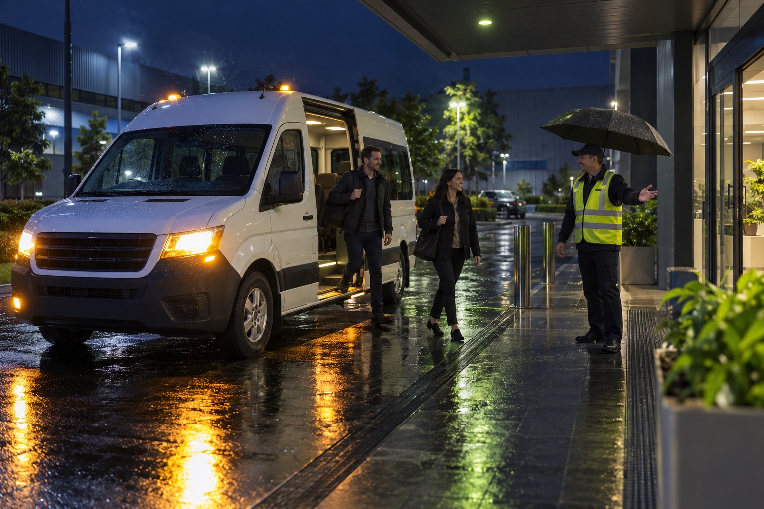 Illustrative backup shuttle arriving on a rainy evening