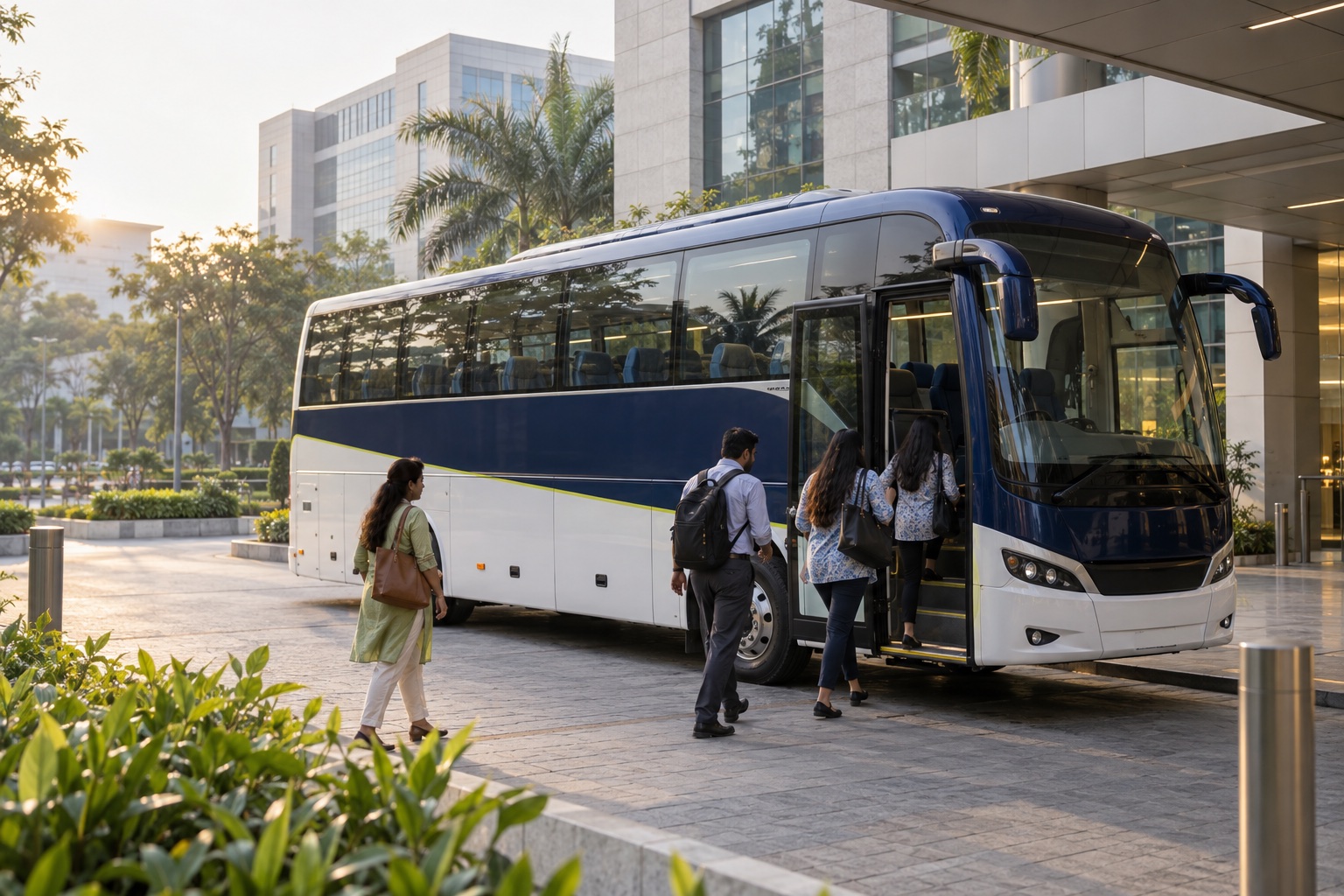 Illustrative corporate commuters boarding a staff coach at an office campus
