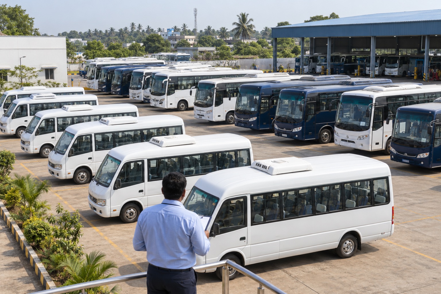 Illustrative organized depot of staff coaches and mini buses