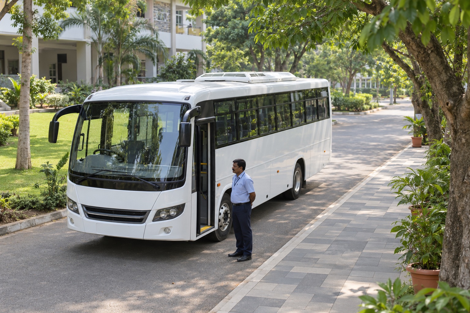 Illustrative institutional shuttle parked at a tree-lined campus