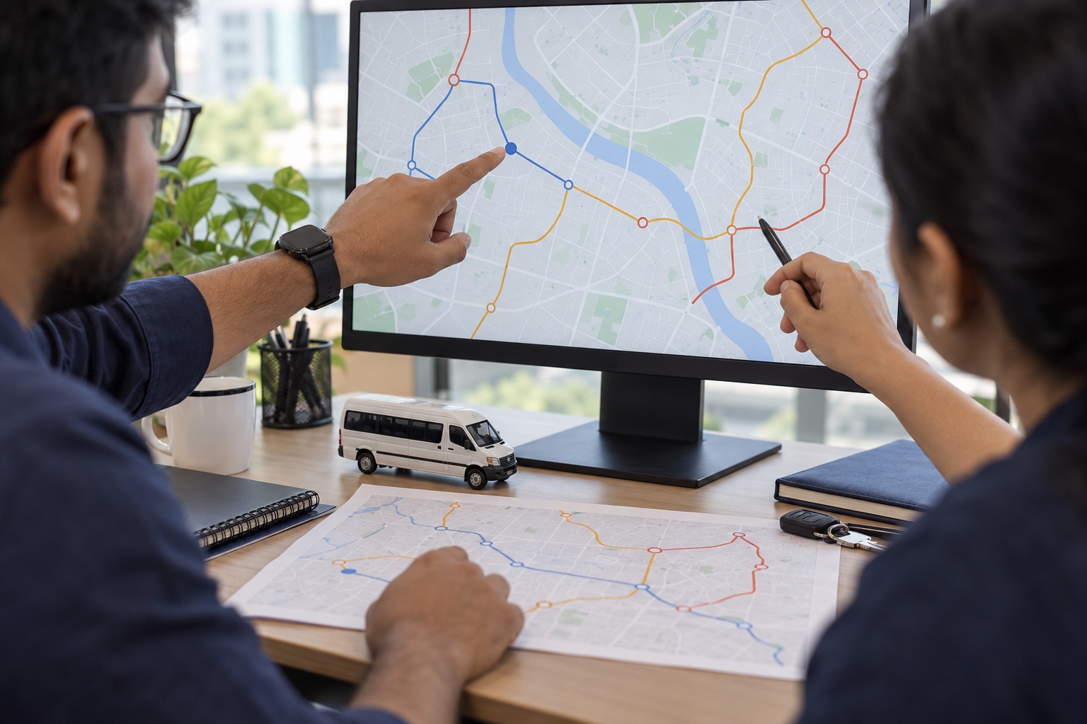 Illustrative operations planners reviewing routes on a map