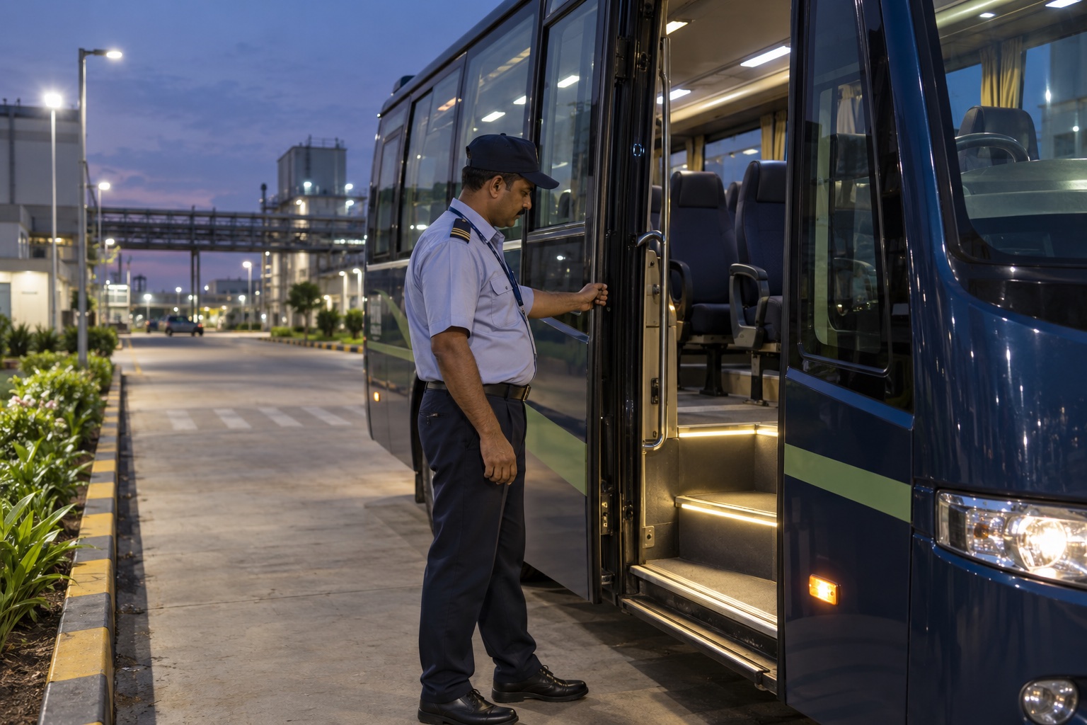 Illustrative shuttle driver checking the vehicle entrance before an evening shift
