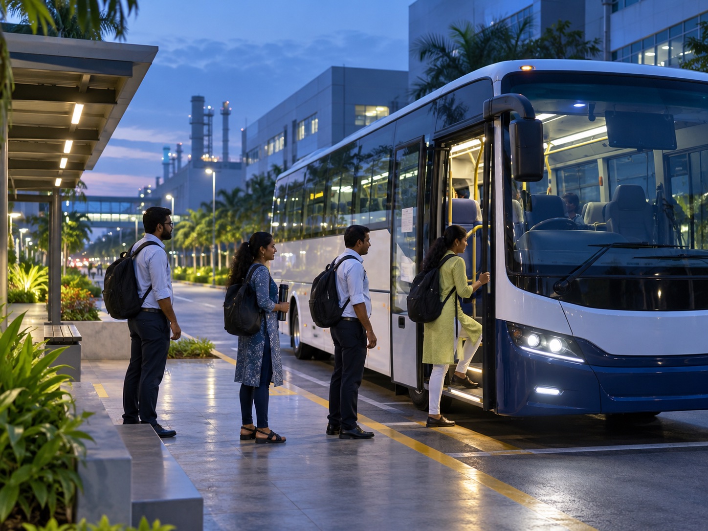 Illustrative employees boarding a staff shuttle at the start of a shift